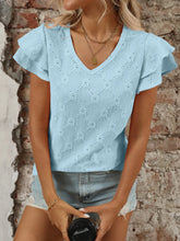Eyelet V-Neck Ruffled Cap Sleeve Top OutfitFlow